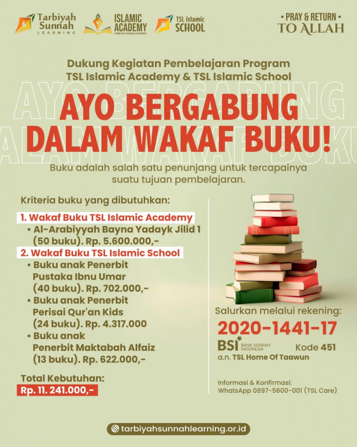 Ajakan Wakaf Buku; Dukung Kegiatan Pembelajaran Program TSL Islamic Academy dan TSL Islamic School